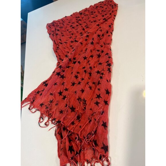 Red Star Pattern Pashmina & Silk Blend Scarf With Fringe Edges Lightweight & Sof - Picture 5 of 6